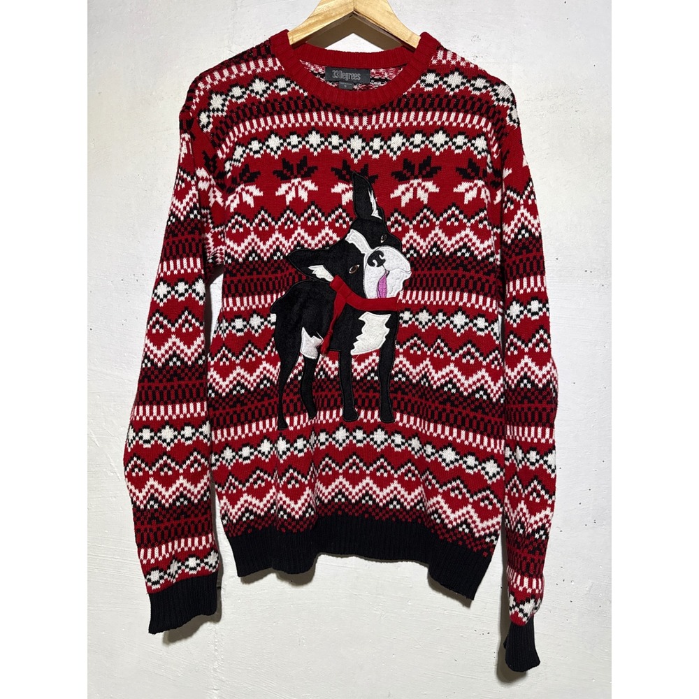 33 Degrees Mens S Boston Terrier Ugly Christmas Sweater Red Fair Isle Knit Dog